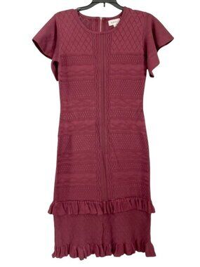 Bohme Knit Textured Burgundy Dress Size LARGE With Ruffle Trim & Puff Sleeves .